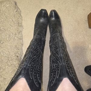 Black Leather Studded Knee High Boots Size 8